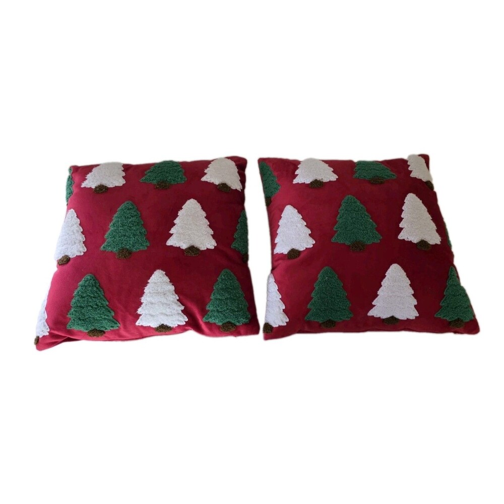 Set Of 2 Christmas Tree Holiday Throw Pillows 16"x16" Red Green Ivory